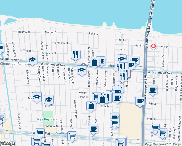 map of restaurants, bars, coffee shops, grocery stores, and more near 4323 Division Street in Metairie