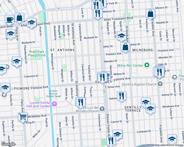 map of restaurants, bars, coffee shops, grocery stores, and more near 5332 Pasteur Boulevard in New Orleans