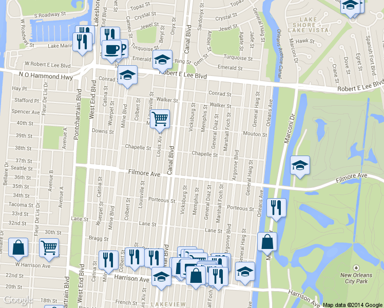 map of restaurants, bars, coffee shops, grocery stores, and more near 6764 Memphis Street in New Orleans
