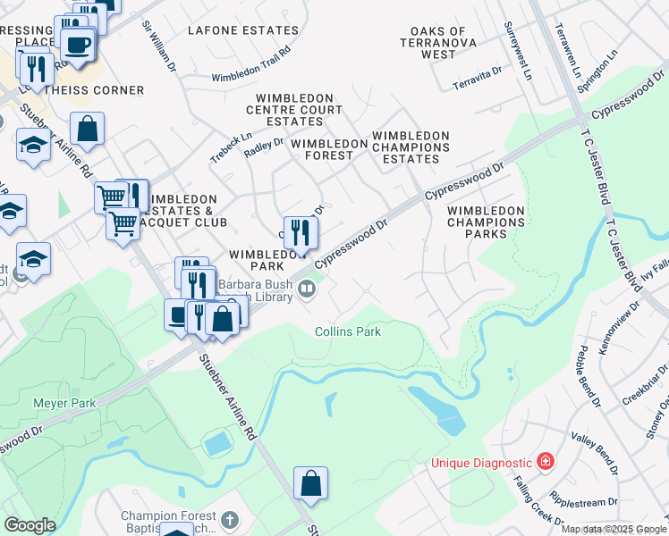 map of restaurants, bars, coffee shops, grocery stores, and more near 6611 Cypresswood Drive in Spring
