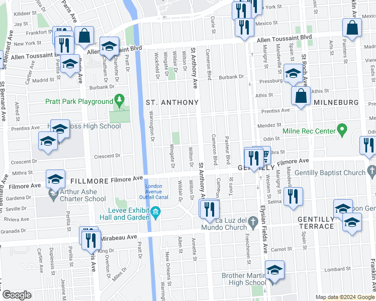 map of restaurants, bars, coffee shops, grocery stores, and more near 5322 Wilton Drive in New Orleans