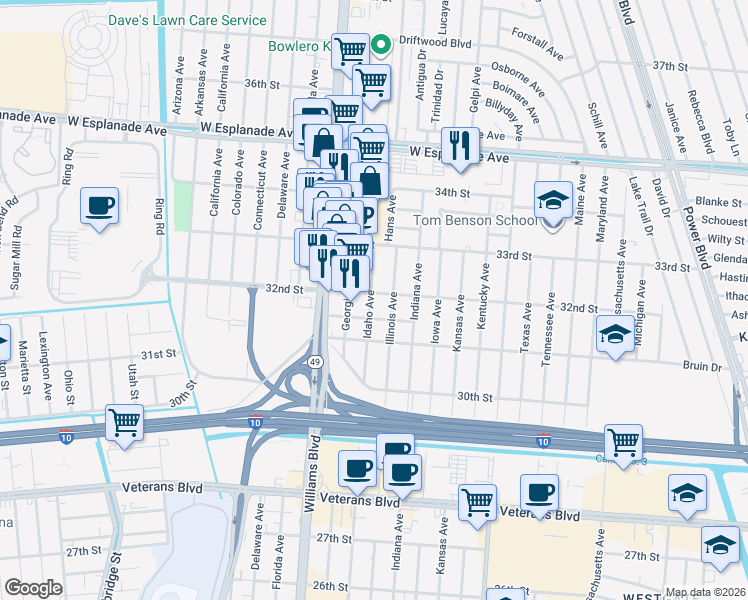 map of restaurants, bars, coffee shops, grocery stores, and more near 3112 Idaho Avenue in Kenner