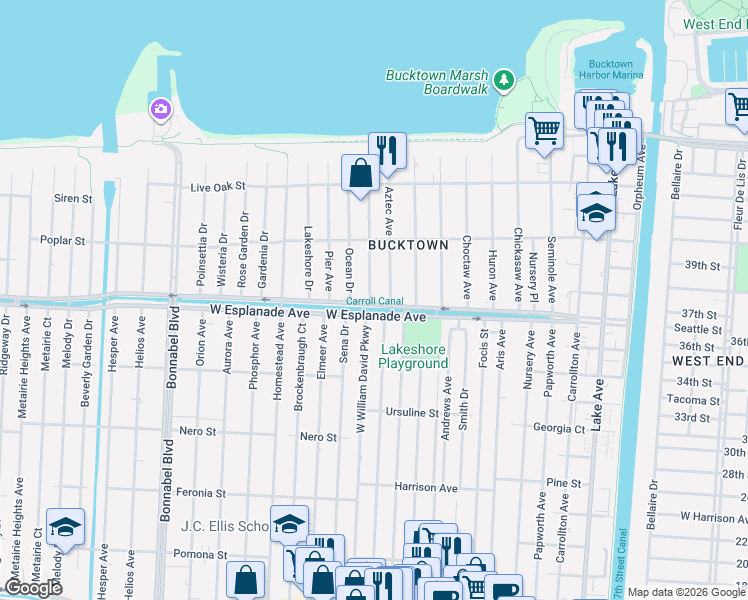 map of restaurants, bars, coffee shops, grocery stores, and more near 1301 Sylvia Avenue in Metairie