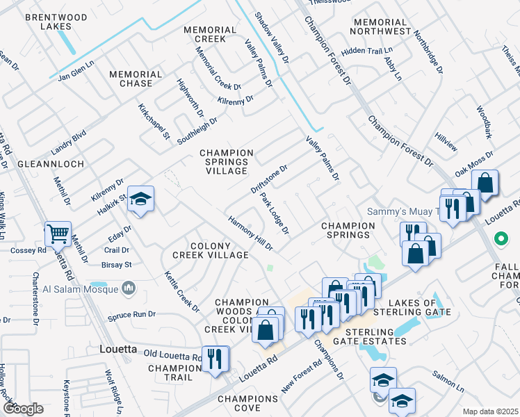 map of restaurants, bars, coffee shops, grocery stores, and more near 17139 Park Lodge Drive in Spring