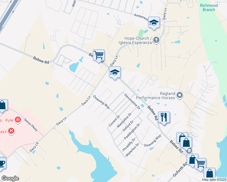 map of restaurants, bars, coffee shops, grocery stores, and more near 418 Nottingham Loop in Kyle