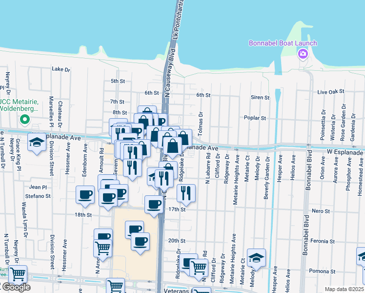 map of restaurants, bars, coffee shops, grocery stores, and more near W Esplanade Ave & Ridgelake Dr in Metairie