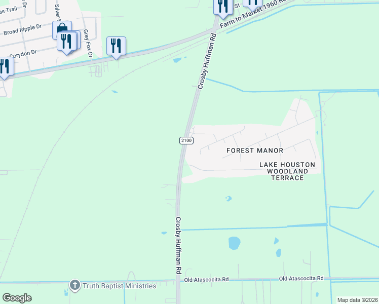 map of restaurants, bars, coffee shops, grocery stores, and more near 22332 Farm to Market 2100 in Huffman