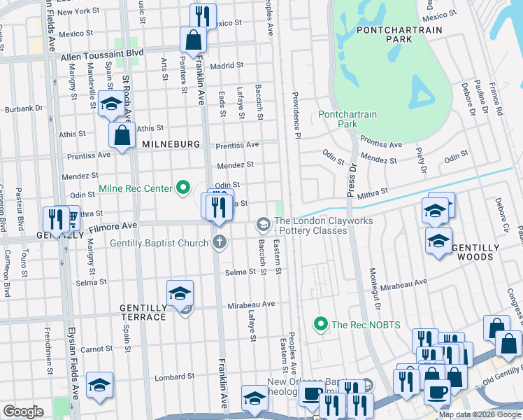 map of restaurants, bars, coffee shops, grocery stores, and more near 2737 Filmore Avenue in New Orleans