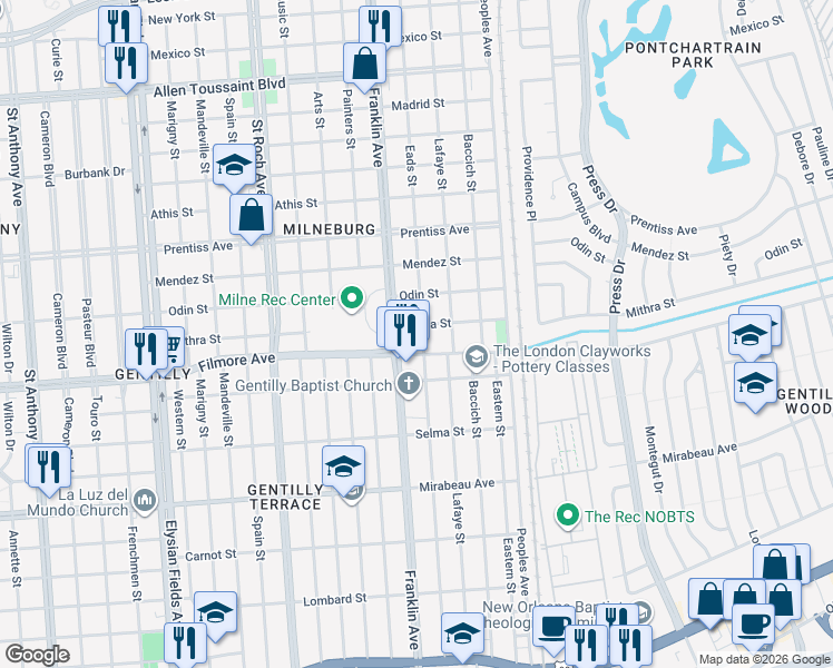 map of restaurants, bars, coffee shops, grocery stores, and more near 5361 Franklin Avenue in New Orleans