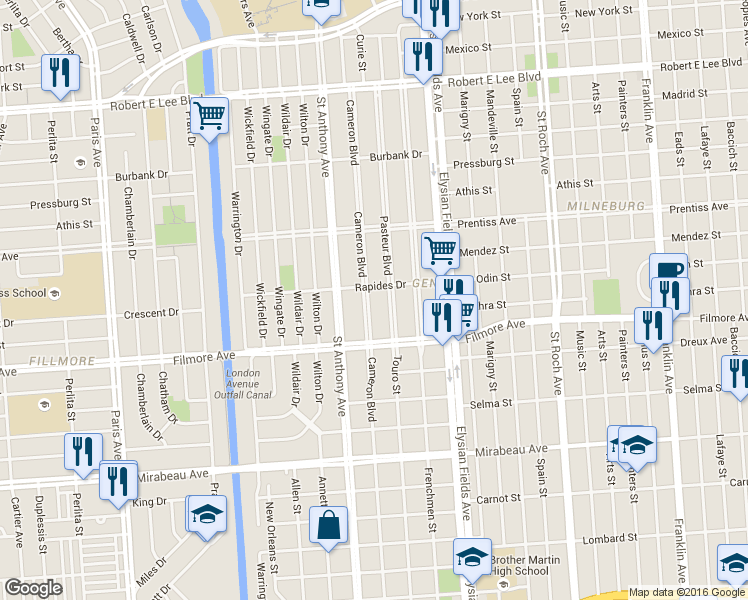 map of restaurants, bars, coffee shops, grocery stores, and more near 5332 Pasteur Boulevard in New Orleans