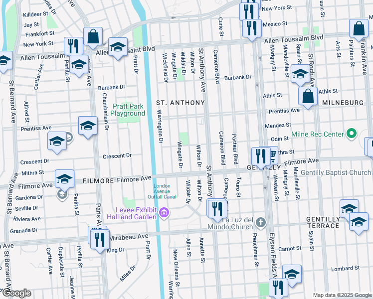 map of restaurants, bars, coffee shops, grocery stores, and more near 5317 Wingate Drive in New Orleans