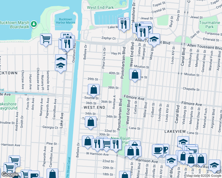 map of restaurants, bars, coffee shops, grocery stores, and more near 6655 Avenue B in New Orleans