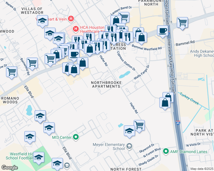map of restaurants, bars, coffee shops, grocery stores, and more near 17111 Hafer Road in Houston
