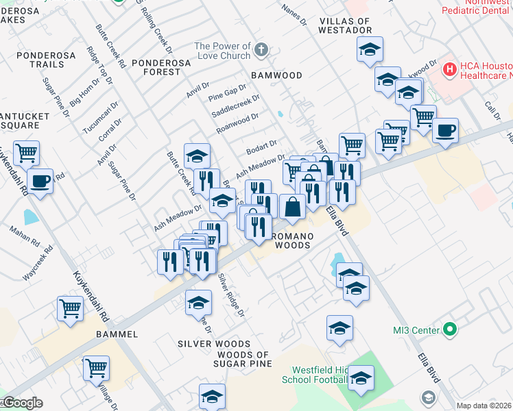 map of restaurants, bars, coffee shops, grocery stores, and more near 17107 Beaver Springs Drive in Houston