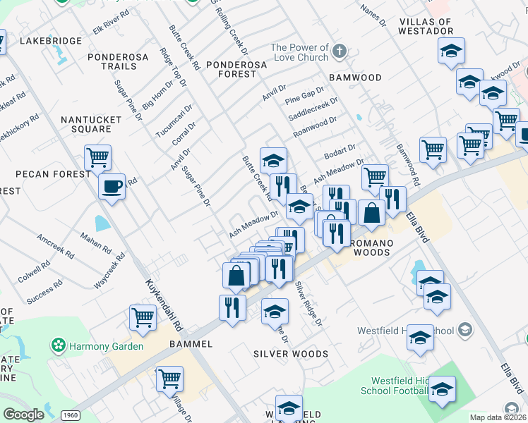 map of restaurants, bars, coffee shops, grocery stores, and more near 1811 Ash Meadow Drive in Houston