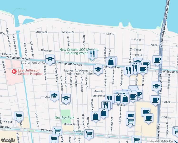 map of restaurants, bars, coffee shops, grocery stores, and more near 4301 Grace King Place in Metairie