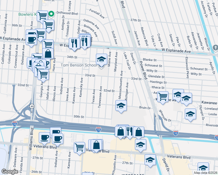 map of restaurants, bars, coffee shops, grocery stores, and more near 3145 32nd Street in Kenner