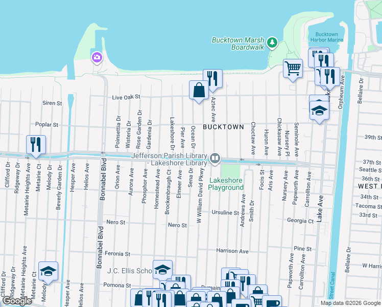 map of restaurants, bars, coffee shops, grocery stores, and more near 1148 Sena Drive in Metairie