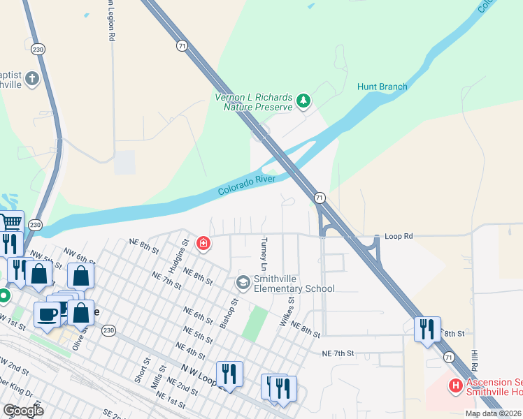 map of restaurants, bars, coffee shops, grocery stores, and more near 1001 Colorado Street in Smithville