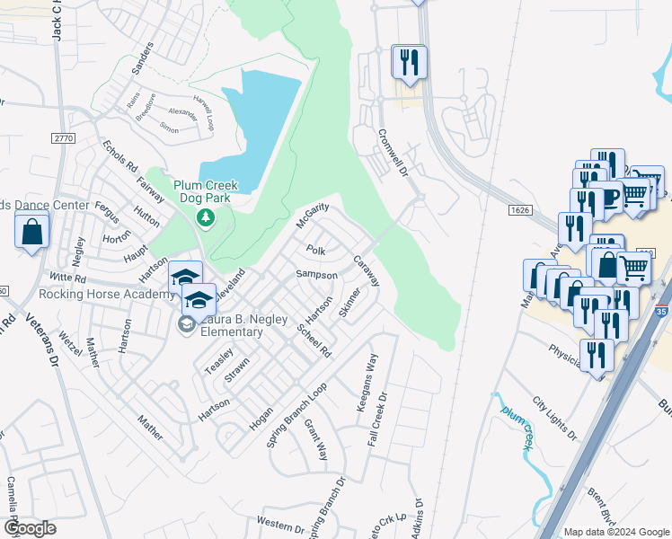 map of restaurants, bars, coffee shops, grocery stores, and more near 4913 Hartson in Kyle