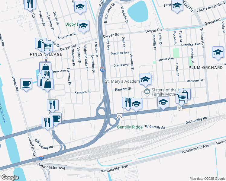 map of restaurants, bars, coffee shops, grocery stores, and more near 4348 Reynes Street in New Orleans