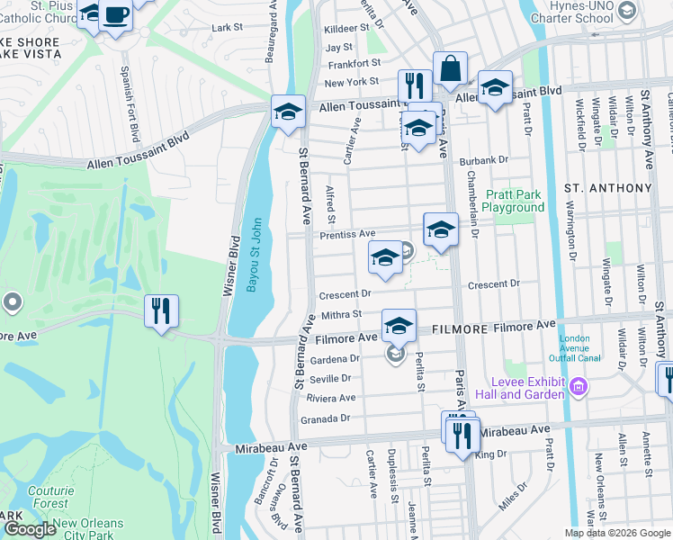 map of restaurants, bars, coffee shops, grocery stores, and more near 1330 Rapides Drive in New Orleans