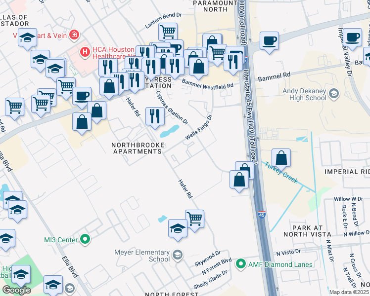 map of restaurants, bars, coffee shops, grocery stores, and more near 505 Wells Fargo Drive in Houston