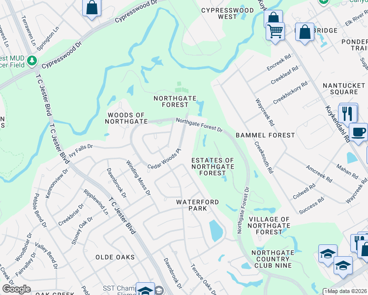 map of restaurants, bars, coffee shops, grocery stores, and more near 2915 Cedar Woods Place in Houston