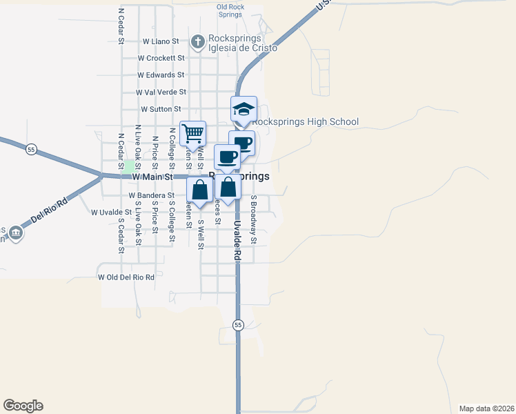 map of restaurants, bars, coffee shops, grocery stores, and more near 304 Broadway Street in Rocksprings