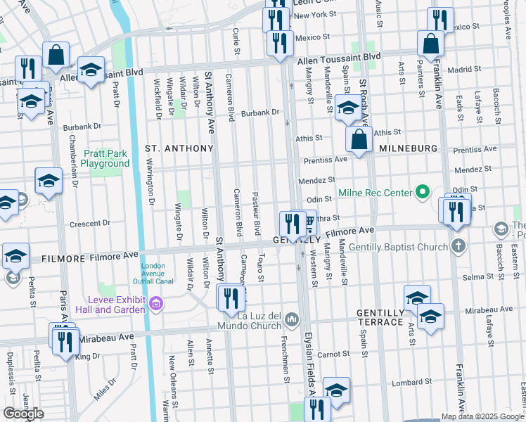 map of restaurants, bars, coffee shops, grocery stores, and more near 5332 Pasteur Boulevard in New Orleans