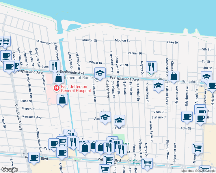 map of restaurants, bars, coffee shops, grocery stores, and more near 4401 Cleary Avenue in Metairie