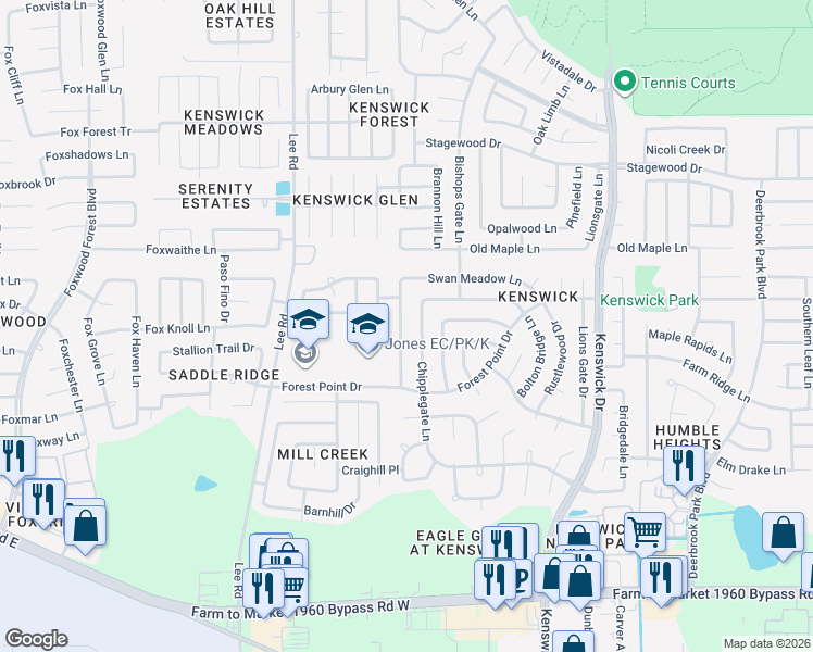 map of restaurants, bars, coffee shops, grocery stores, and more near 20114 Cottonglade Lane in Humble