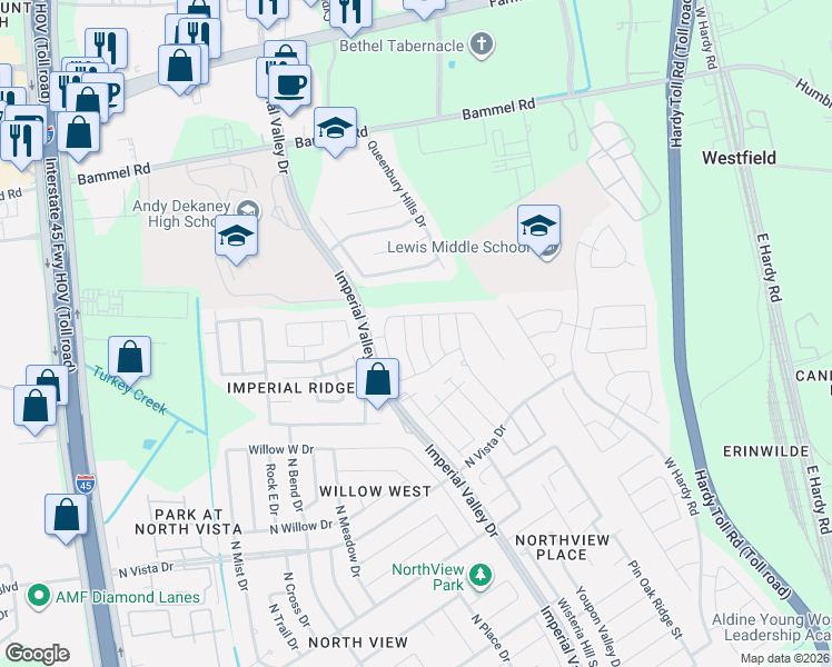 map of restaurants, bars, coffee shops, grocery stores, and more near Imperial Valley Drive in Houston