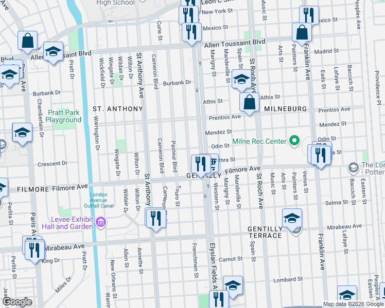 map of restaurants, bars, coffee shops, grocery stores, and more near 5343 Vermillion Boulevard in New Orleans