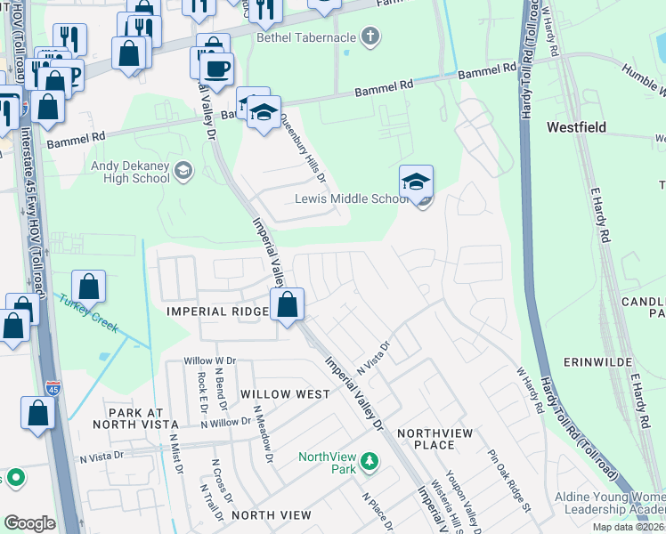 map of restaurants, bars, coffee shops, grocery stores, and more near Shelbourne Crossing in Houston