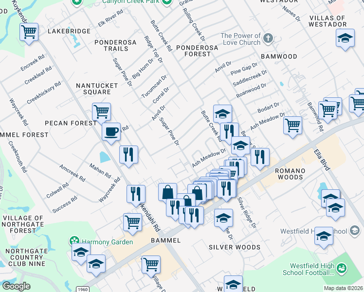 map of restaurants, bars, coffee shops, grocery stores, and more near 17223 West Sugar Meadow Drive in Houston