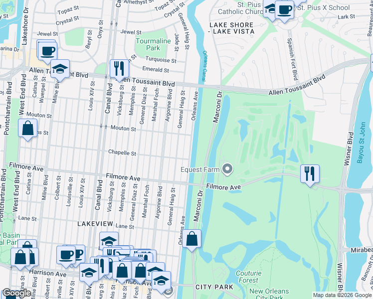 map of restaurants, bars, coffee shops, grocery stores, and more near 6808 Orleans Avenue in New Orleans