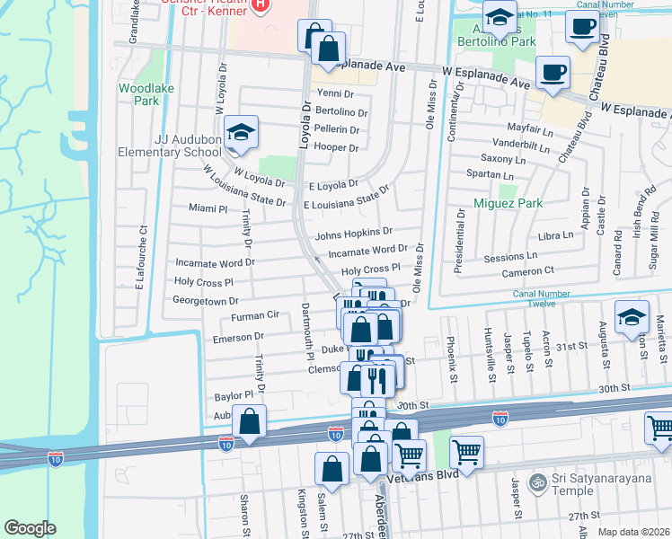 map of restaurants, bars, coffee shops, grocery stores, and more near 3221 Loyola Drive in Kenner