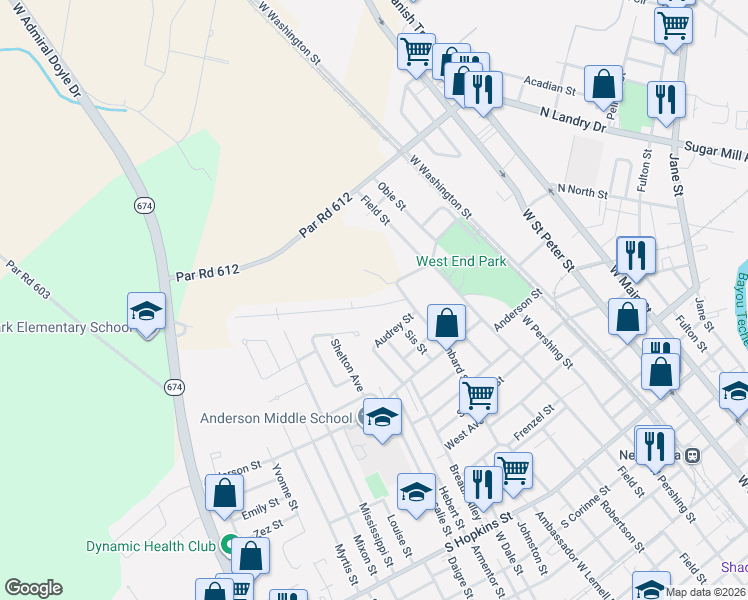 map of restaurants, bars, coffee shops, grocery stores, and more near 802 Westend Drive in New Iberia