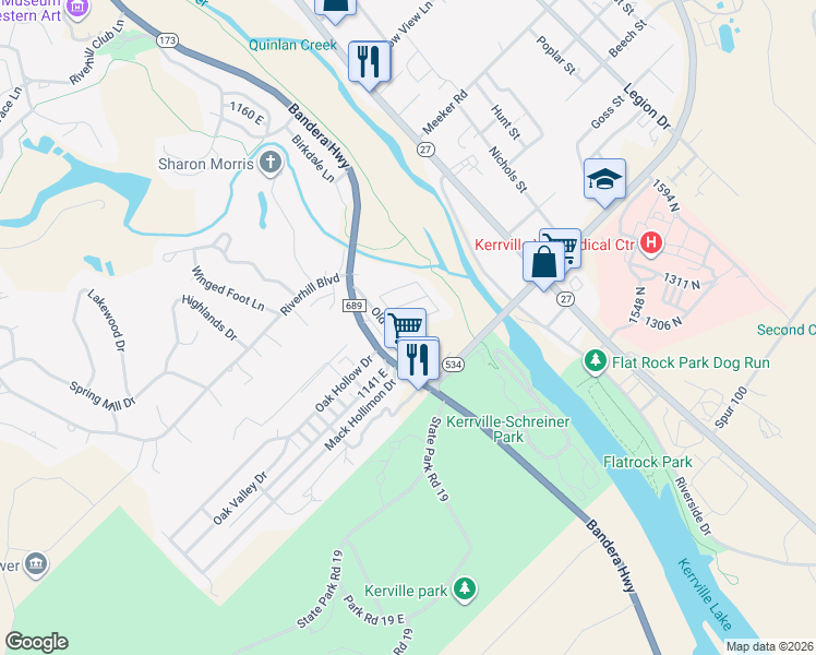 map of restaurants, bars, coffee shops, grocery stores, and more near 2141 Old Ranch Road in Kerrville