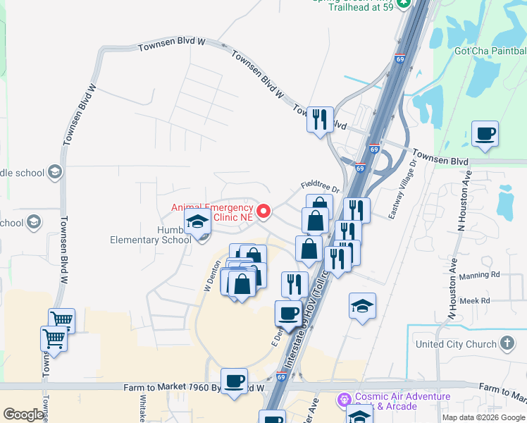map of restaurants, bars, coffee shops, grocery stores, and more near 20437 Fieldtree Drive in Humble