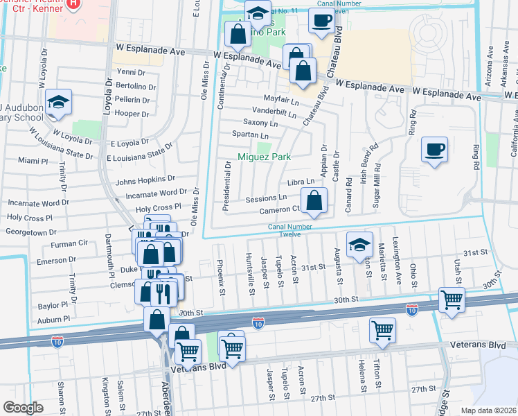 map of restaurants, bars, coffee shops, grocery stores, and more near 656 Ronson Drive in Kenner