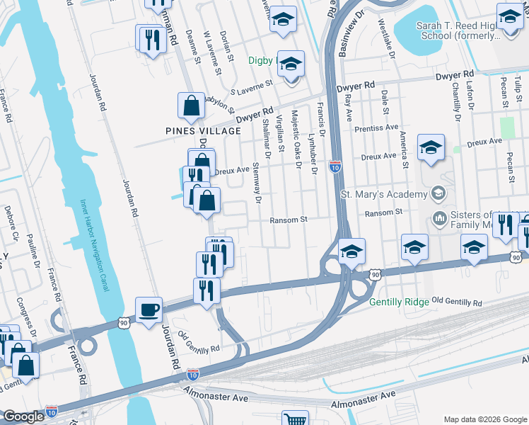map of restaurants, bars, coffee shops, grocery stores, and more near 4455 Stemway Drive in New Orleans