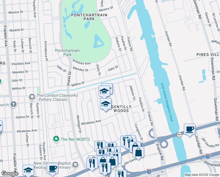 map of restaurants, bars, coffee shops, grocery stores, and more near 5136 Desire Drive in New Orleans