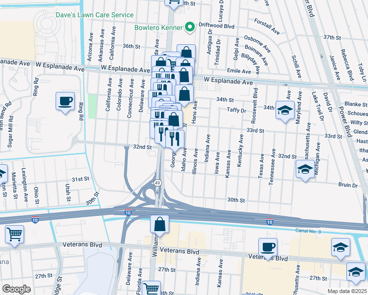 map of restaurants, bars, coffee shops, grocery stores, and more near 3108 Georgia Avenue in Kenner