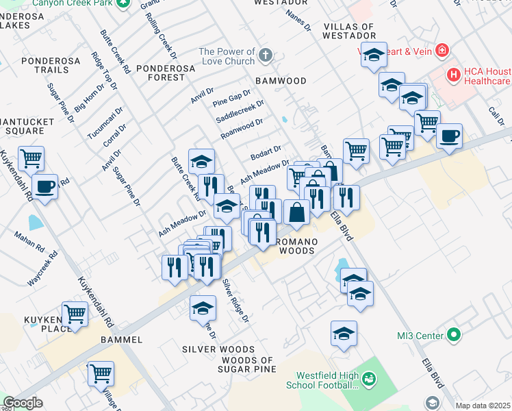 map of restaurants, bars, coffee shops, grocery stores, and more near 17107 Beaver Springs Drive in Houston