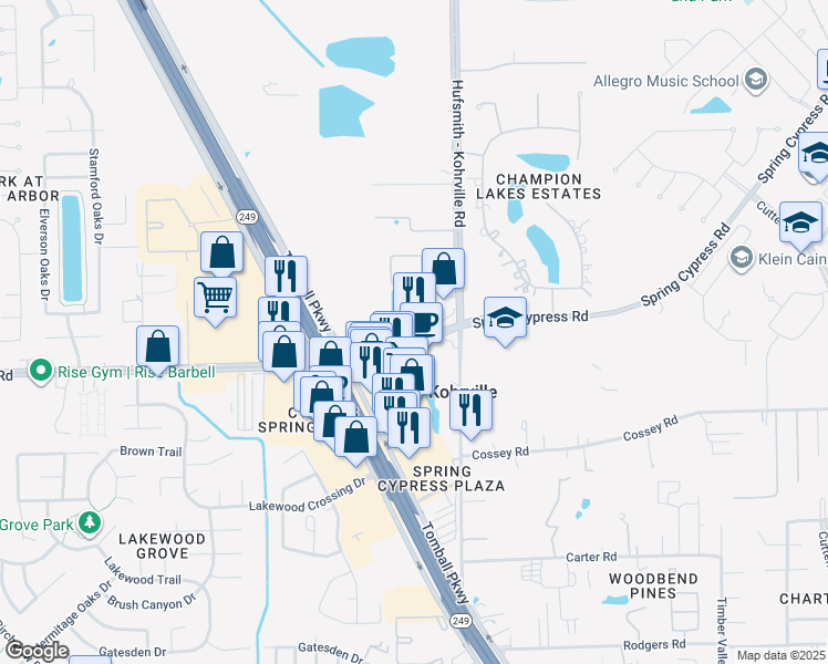 map of restaurants, bars, coffee shops, grocery stores, and more near 10801 Spring Cypress Road in Houston