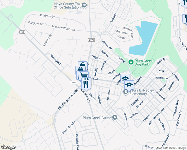 map of restaurants, bars, coffee shops, grocery stores, and more near 218 Witte Road in Kyle
