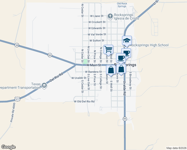 map of restaurants, bars, coffee shops, grocery stores, and more near 309 South Price Street in Rocksprings