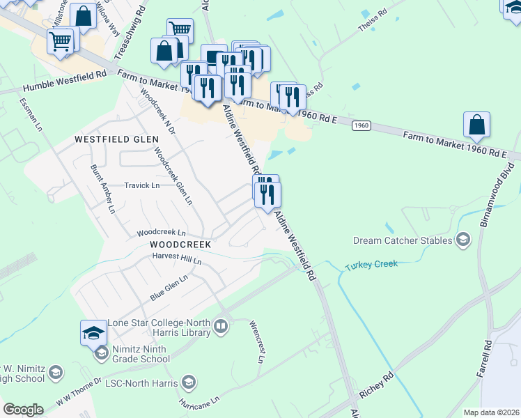 map of restaurants, bars, coffee shops, grocery stores, and more near 20610 Thorne Haven Drive in Houston